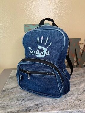 ⭐️ Vintage Y2K Mudd Blue Denim Mini Backpack with Light Blue Handprint